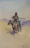 Suspicious of Trouble by Edgar S. Paxson, 1909, watercolor on paper, sold Jul 2005