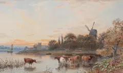 John MacPherson, Cattle Watering at Sunsets, watercolour