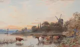 John MacPherson, Cattle Watering at Sunsets, watercolour
