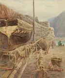 Charles Robertson, Drying the Nets - Clovelly, watercolour, 25.4 x 21.6cm