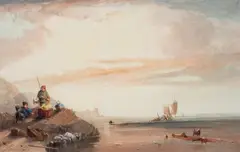 John Francis Salmon, Evening, fisherfolk on the shore, watercolour