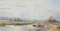 A.W. Weedon, Cattle Watering in a River Landscape, watercolour