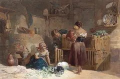 Walter Goodall, Feeding the Rabbits, watercolour heightened with white