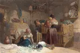 Walter Goodall, Feeding the Rabbits, watercolour heightened with white