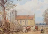 Thomas Baker, Drover before a Church, watercolour