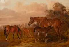 John Frederick Herring Snr, Mares and Foals, oil on board