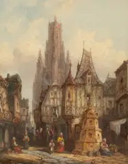 Henry Thomas Schaefer, Street Scene in Longueville, Normandy, oil on board