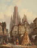 Henry Thomas Schaefer, Street Scene in Longueville, Normandy, oil on board