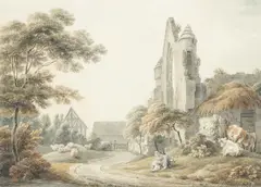Michael Angelo Rooker, A Ruined Abbey by a Farmyard, pencil and watercolour