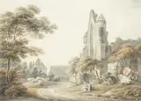 Michael Angelo Rooker, A Ruined Abbey by a Farmyard, pencil and watercolour