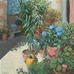 Keith Dunkley, Sunny Garden Pots, acrylic on board