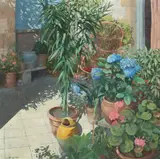 Keith Dunkley, Sunny Garden Pots, acrylic on board