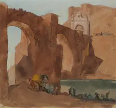 Sir Frank Brangwyn, Alcantara Bridge, Toledo, chalk and watercolour