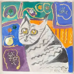 Ponckle Fletcher, Black and white cat, mixed media on paper