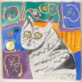Ponckle Fletcher, Black and white cat, mixed media on paper