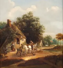 William Shayer, Horse and Cart and Figures Outside a Country Inn, oil on canvas