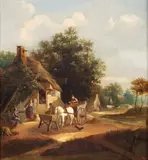 William Shayer, Horse and Cart and Figures Outside a Country Inn, oil on canvas