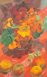 Mary Martin, Nasturtiums and Fruit in a Vase, oil on board