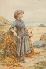 Henry John Johnstone, Fishergirl by the Coast, watercolour