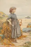 Henry John Johnstone, Fishergirl by the Coast, watercolour