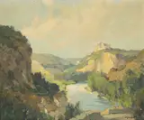 George Charles Robin, Matin sur l'Aveyron Château de Bruniquel, oil on canvas