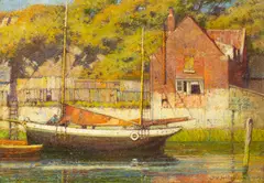 James Valentine Jelly, Canal Scene with Old Buildings, oil on canvas laid on panel