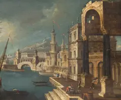 Michele Giovanni Marieschi, An Architectural Capriccio of a Seaport, oil on canvas