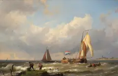 Hermanus Koekkoek, Shipping by the Coast, oil on panel