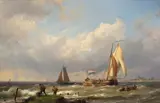 Hermanus Koekkoek, Shipping by the Coast, oil on panel