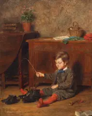 A Boy Playing at Carriage Driving by George Goodwin Kilburne, oil on wooden panel, sold Jun 2025