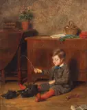 George Goodwin Kilburne, A Boy Playing at Carriage Driving, oil on wooden panel
