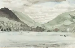 Claude Harrison, Looking North Towards Grasmere Village from the End of the Lake, watercolour with pen and ink
