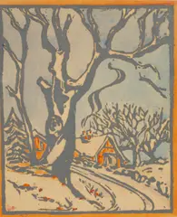 Ian Fleming, Winter Landscape, woodcut in colours