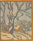 Ian Fleming, Winter Landscape, woodcut in colours