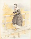 Alfred W. Cooper, Study of a Lady Crossing a Bridge, watercolour