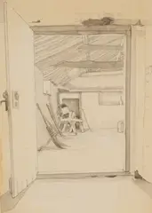 George Clausen, Corner of a Barn Through an Open Door, grey wash and pencil on paper
