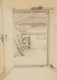 George Clausen, Corner of a Barn Through an Open Door, grey wash and pencil on paper