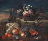 Still Life with Fruit and Flowers by Jan Pauwel Gillemans the Younger, oil on canvas, sold Apr 2025