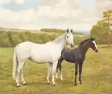F. M. Hollams, Two Horses in a Rural Landscape, oil on canvas