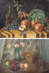 Andree Rawlinson, Still Life with Basket of Fruit and Vase of Flowers, oil on board