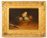 Frances Strickland, A Collection of Birds' Eggs in a Basket on a Pine Table, oil on panel