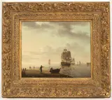 Johannes Hermanus Koekkoek, Men-O'-War and Other Shipping in an Offshore Anchorage, oil on panel