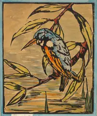 Kingfisher on a Branch by Ian Fleming, woodcut in colours, sold May 2024