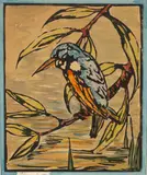 Ian Fleming, Kingfisher on a Branch, woodcut in colours