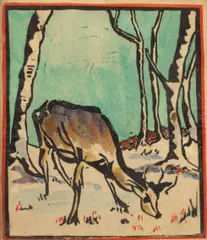 Ian Fleming, Deer in a Winter Forest, woodcut in colours