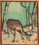 Ian Fleming, Deer in a Winter Forest, woodcut in colours