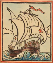 Ian Fleming, Galleon at Sea, woodcut in colours