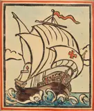 Ian Fleming, Galleon at Sea, woodcut in colours