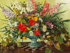 Frederick Henry Stonham, Still Life with Urn of Flowers, oil on canvasboard