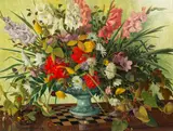 Frederick Henry Stonham, Still Life with Urn of Flowers, oil on canvasboard